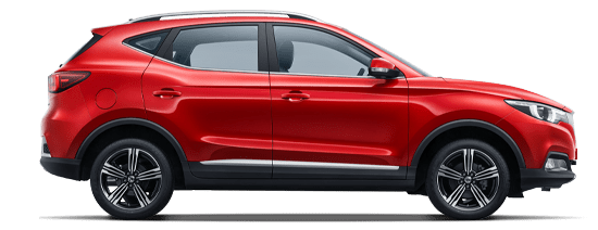 Side profile of a vibrant red MG ZS compact SUV, featuring silver roof rails and alloy wheels