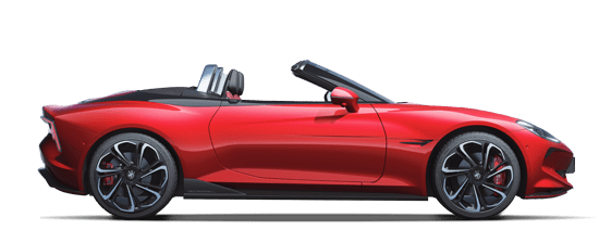 Side profile of a sleek, red MG Cyberster electric convertible with the top down