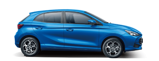 Side profile of a bright blue MG3 hatchback, shown against a plain light gray background.