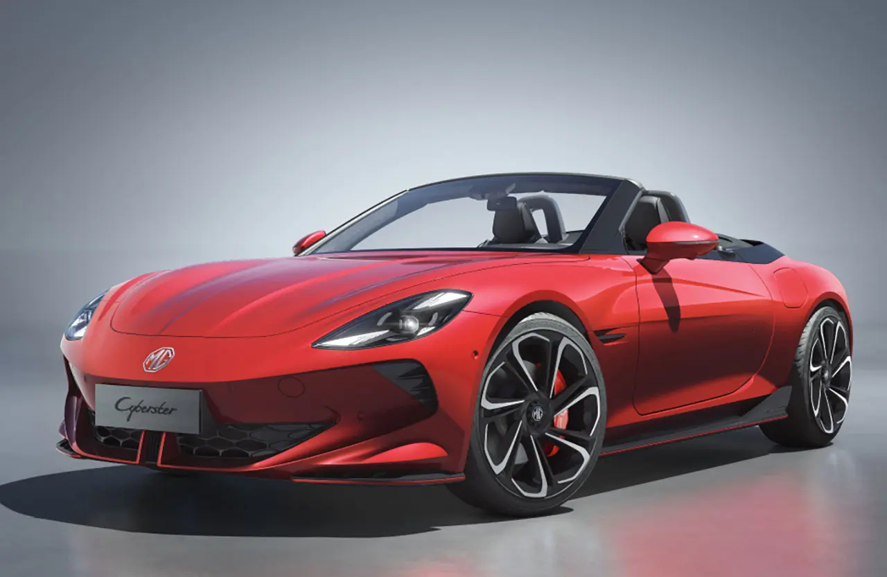 Three-quarter front view of a red MG Cyberster electric roadster with the top down