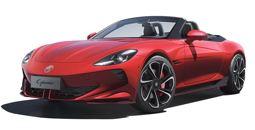 Three-quarter front view of a red MG Cyberster electric roadster with the top down