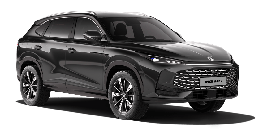Three-quarter front view of a metallic black MG HS SUV, highlighting its wide chrome-accented grille and slim LED headlights